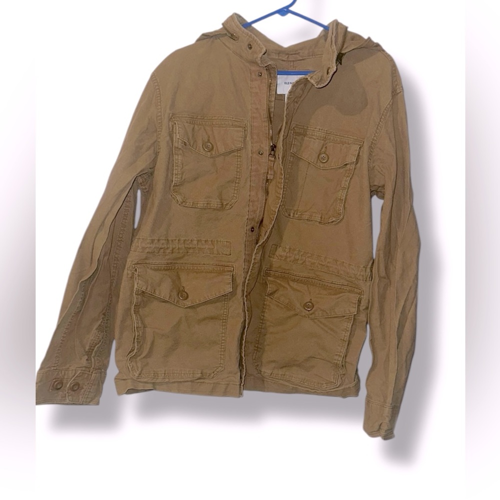 Old Navy Brown Military Canvas Zip & Button Up Jacket Removable Hood Large